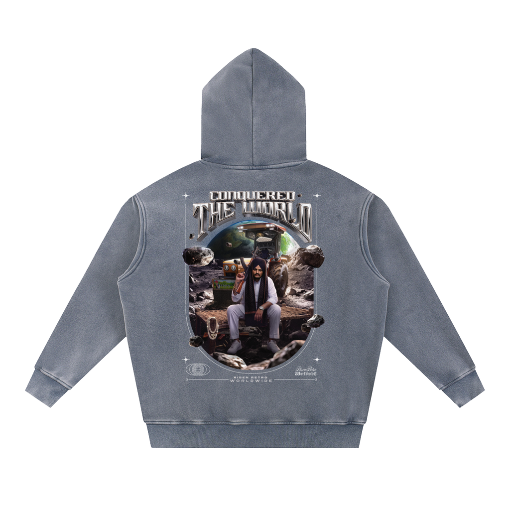 CONQUERED THE WORLD |  Snow Wash Fleece Oversize Hoodie | Sidhu Moose Wala