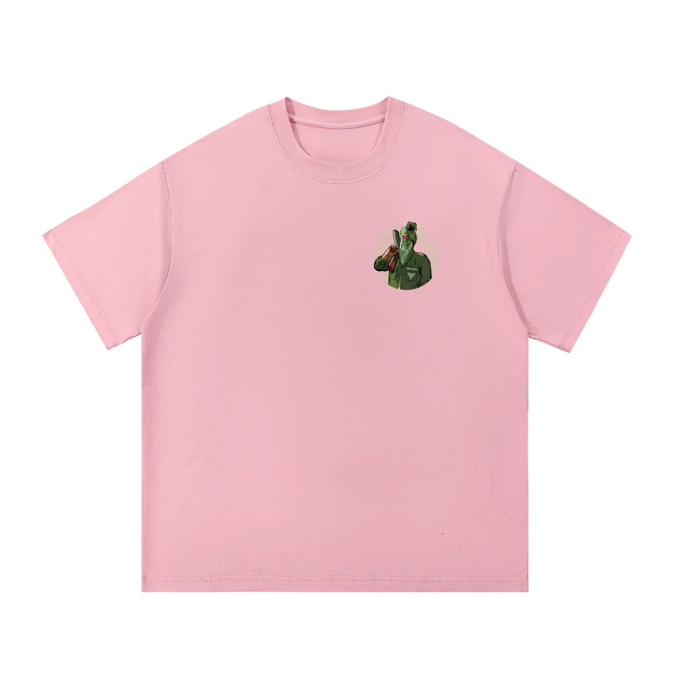 Pink oversized Punjabi streetwear t-shirt with unique illustrated graphic on chest