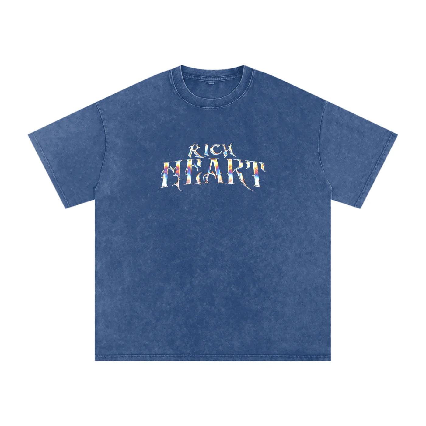 Blue t-shirt with 'Rich Heart' text on a white background