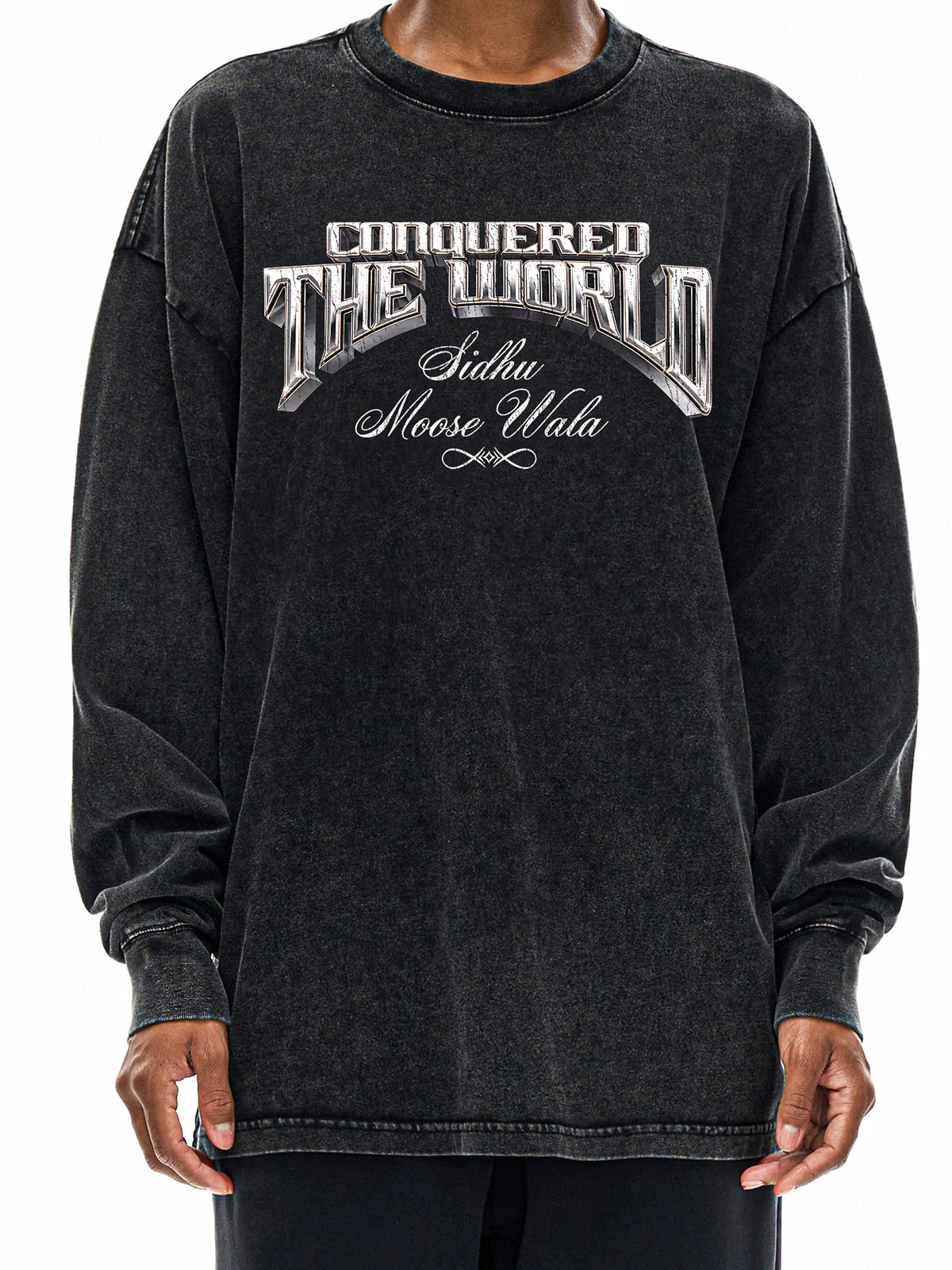 CONQUERED THE WORLD | Acid Wash Oversize Long Sleeve T-Shirt | Sidhu Moose Wala