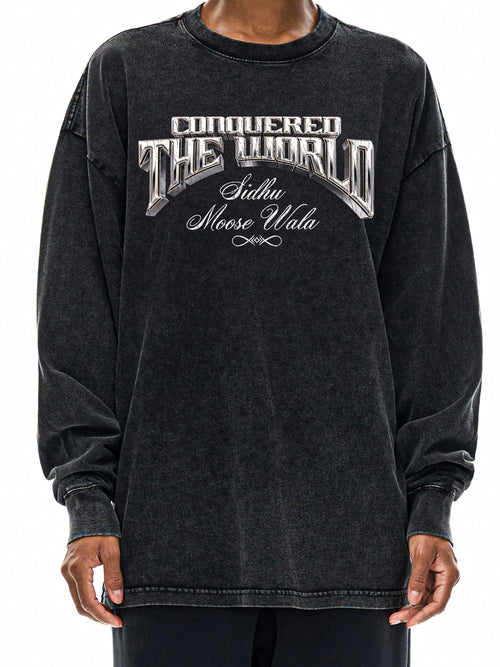 CONQUERED THE WORLD | Acid Wash Oversize Long Sleeve T-Shirt | Sidhu Moose Wala