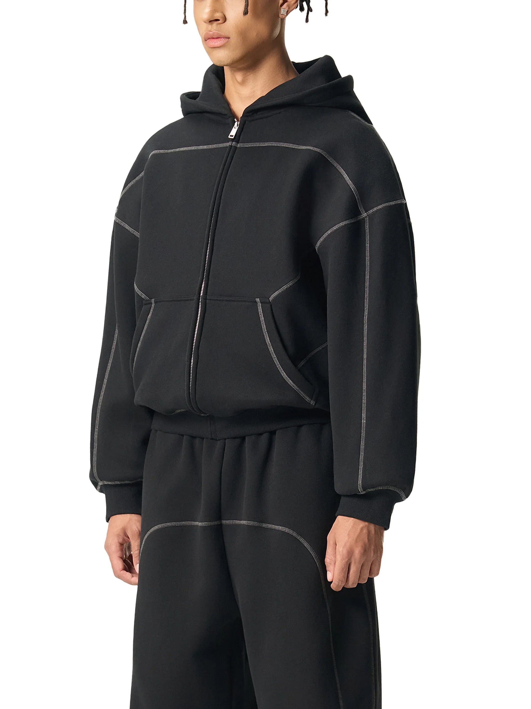 RisenRetro Contrast-Stitched Boxy Fleece Zip Hoodie