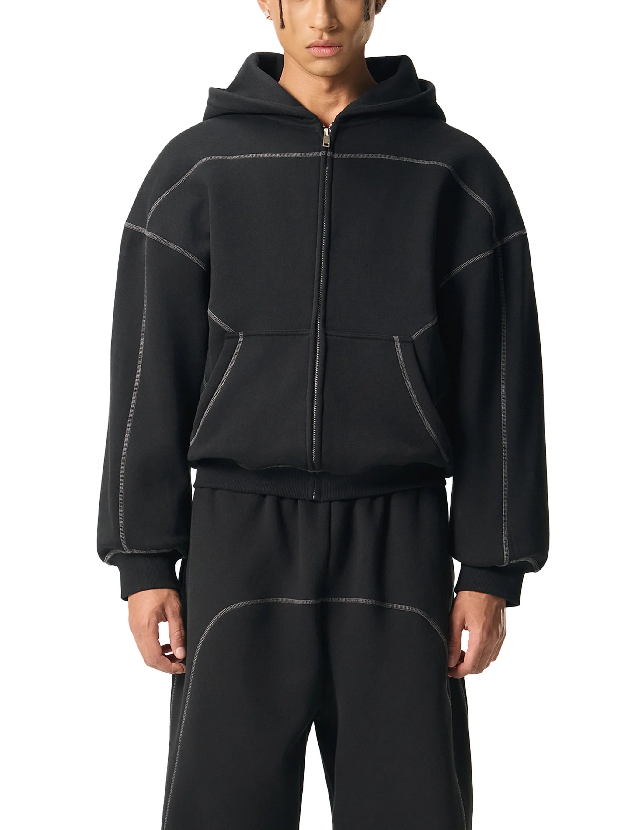 RisenRetro Contrast-Stitched Boxy Fleece Zip Hoodie