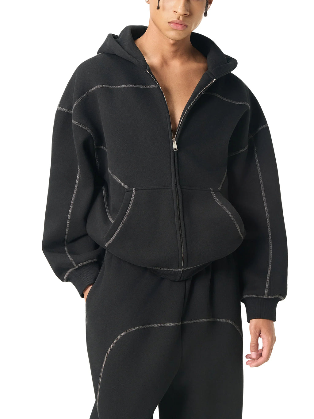 RisenRetro Contrast-Stitched Boxy Fleece Zip Hoodie