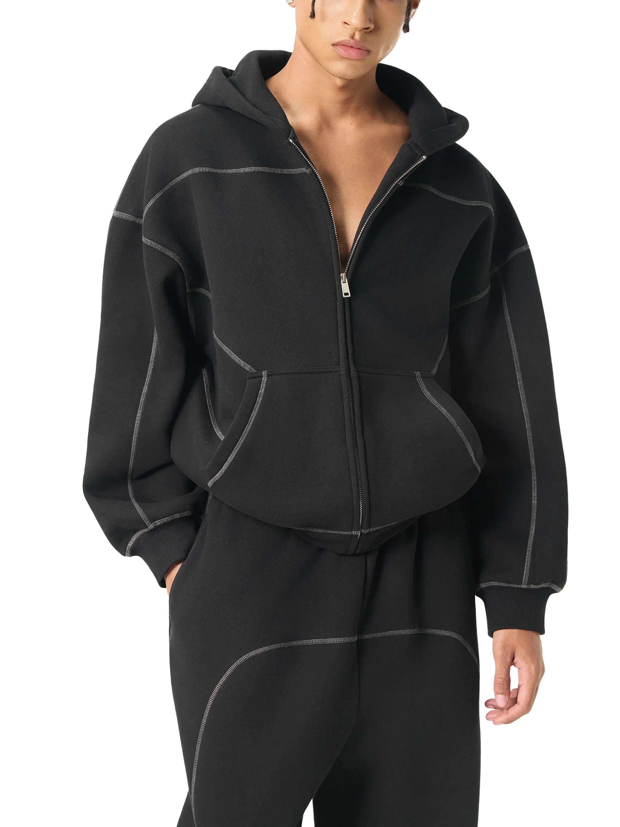 RisenRetro Contrast-Stitched Boxy Fleece Zip Hoodie