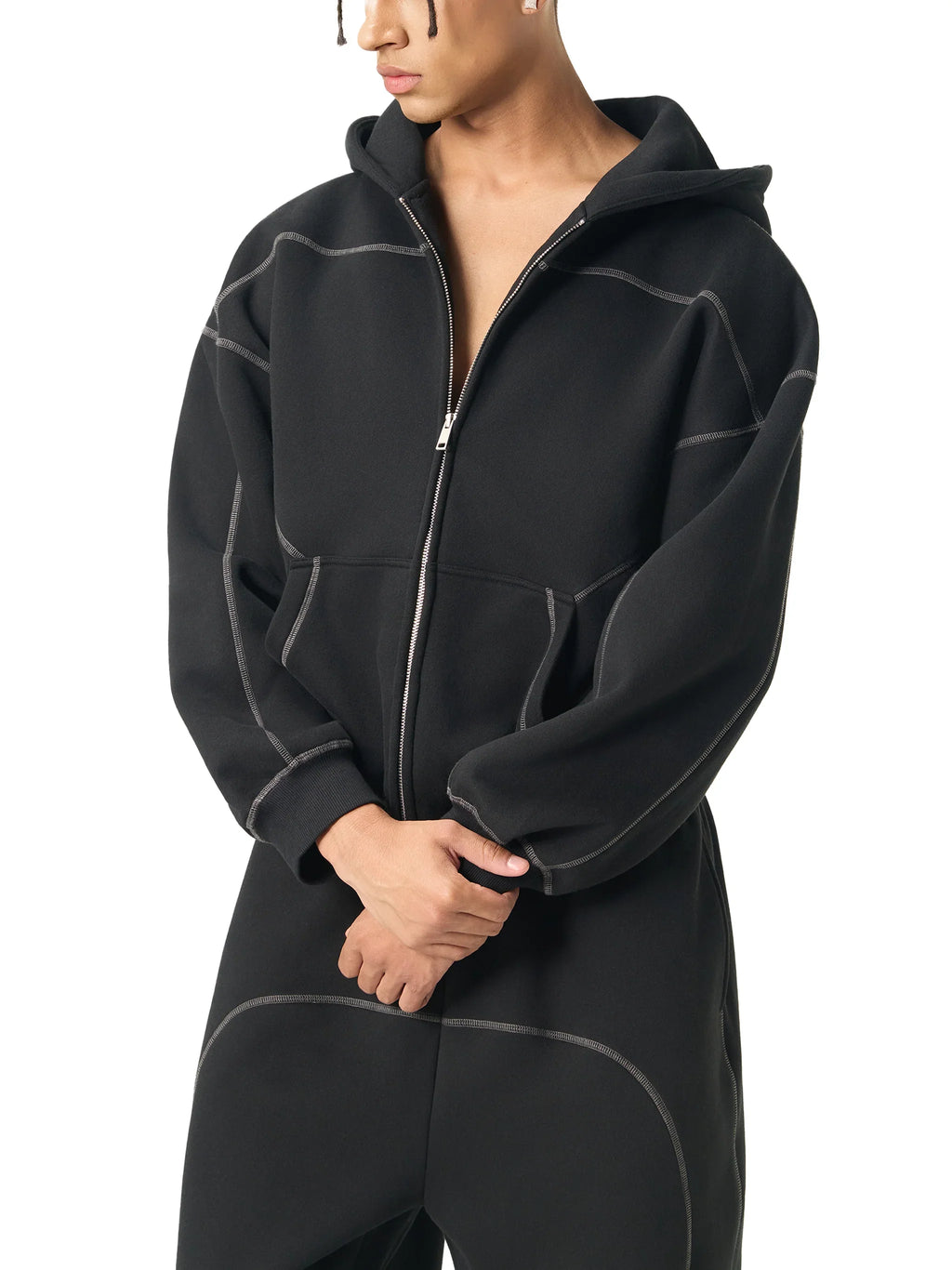RisenRetro Contrast-Stitched Boxy Fleece Zip Hoodie