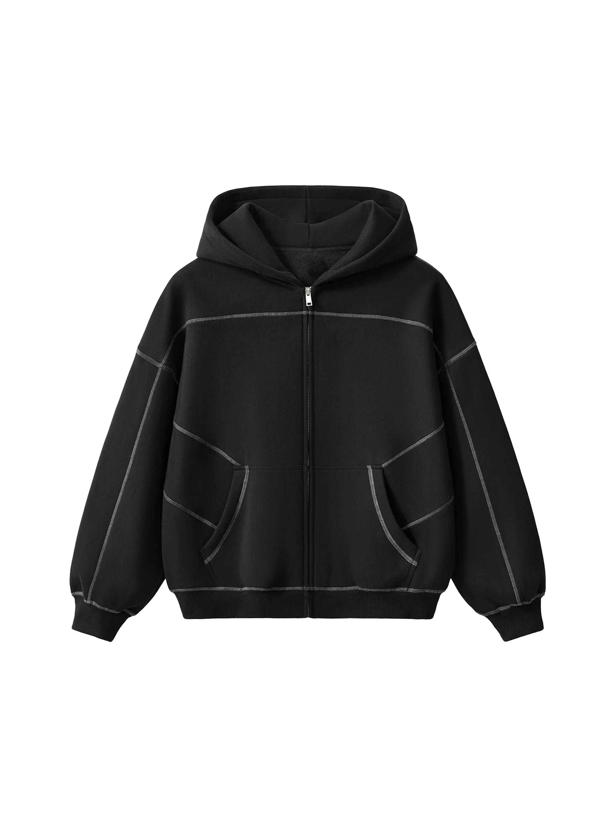 RisenRetro Contrast-Stitched Boxy Fleece Zip Hoodie