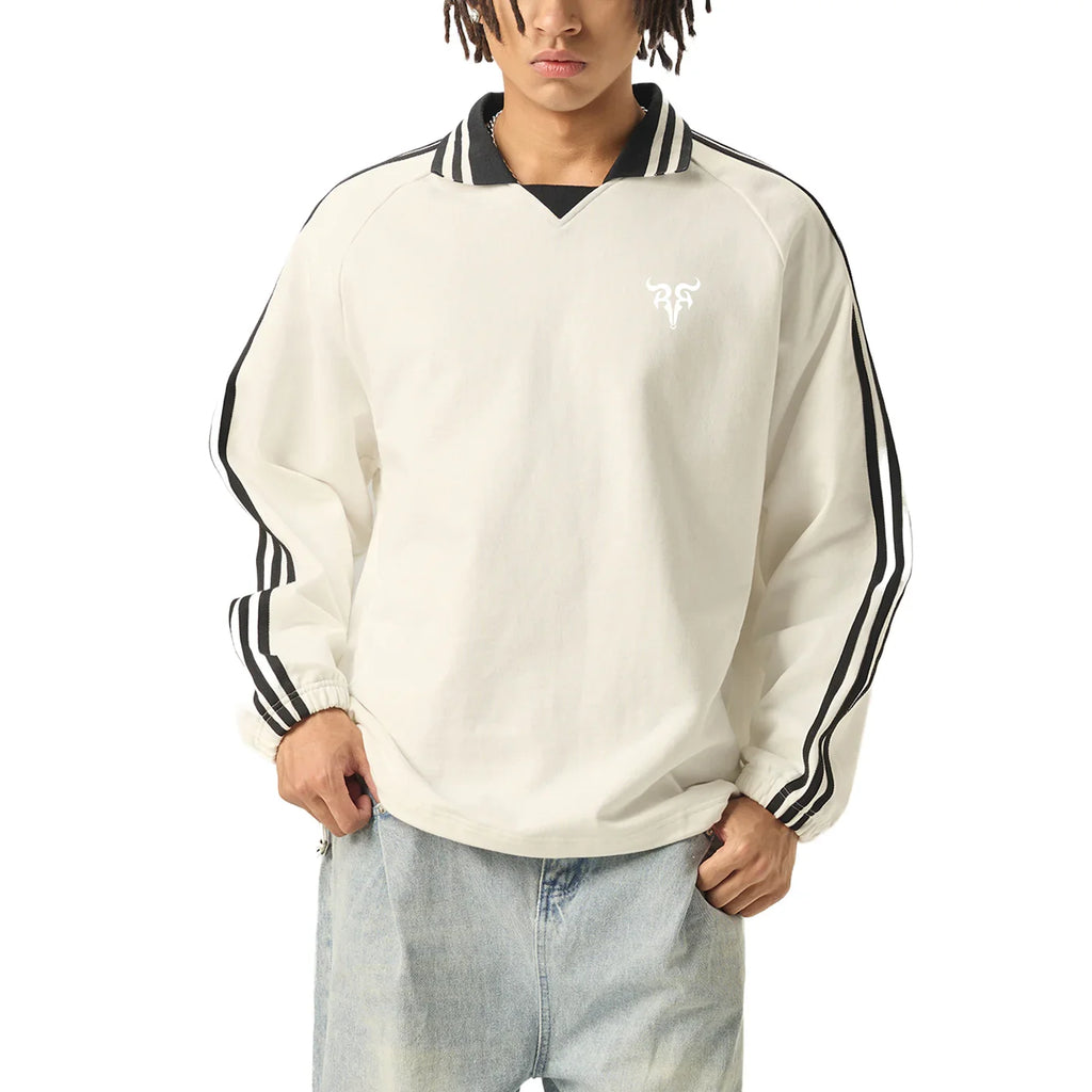 Risen Retro Monogram Contrast Striped Lapel Collar Sweatshirt