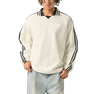 Risen Retro Monogram Contrast Striped Lapel Collar Sweatshirt