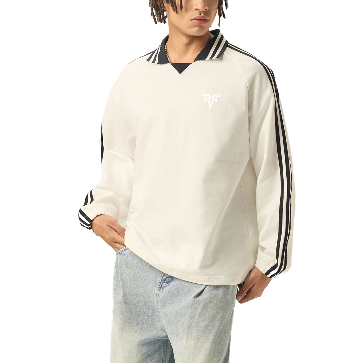 Risen Retro Monogram Contrast Striped Lapel Collar Sweatshirt