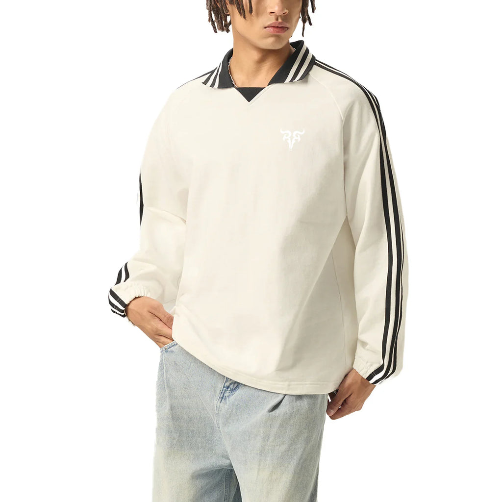 Risen Retro Monogram Contrast Striped Lapel Collar Sweatshirt