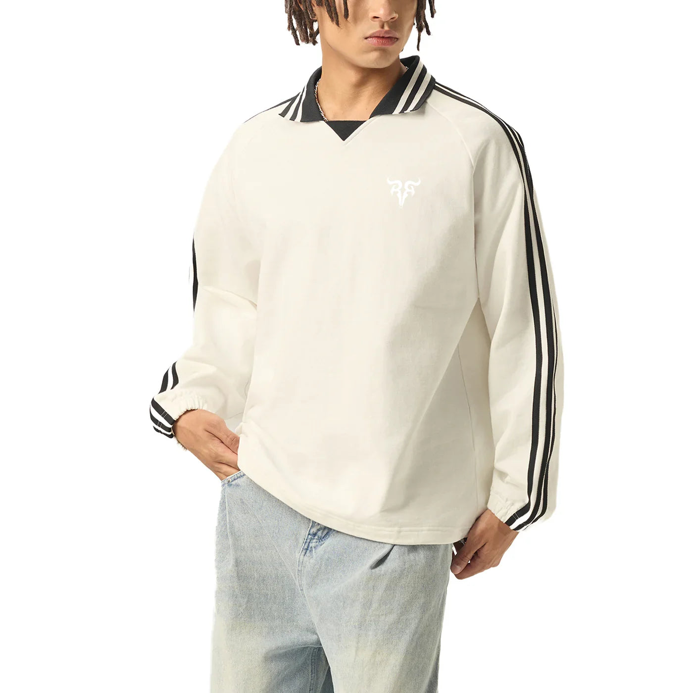 Risen Retro Monogram Contrast Striped Lapel Collar Sweatshirt