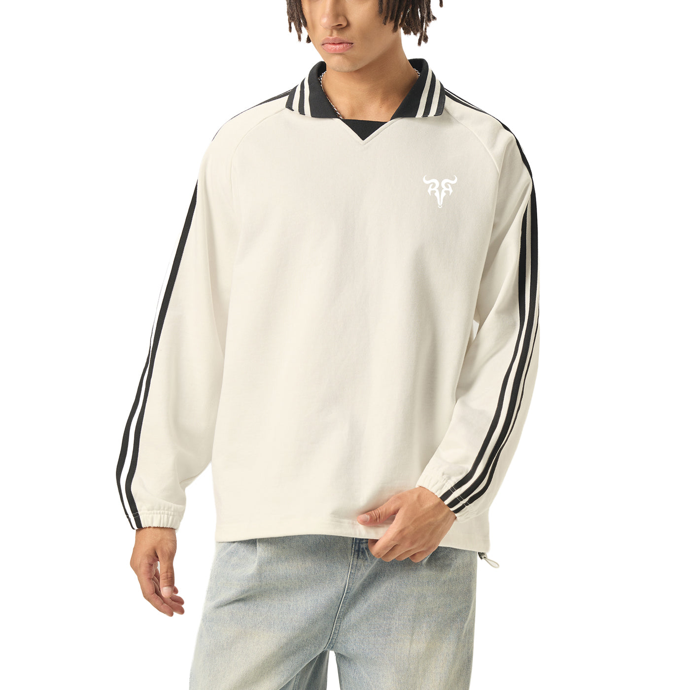 Risen Retro Monogram Contrast Striped Lapel Collar Sweatshirt