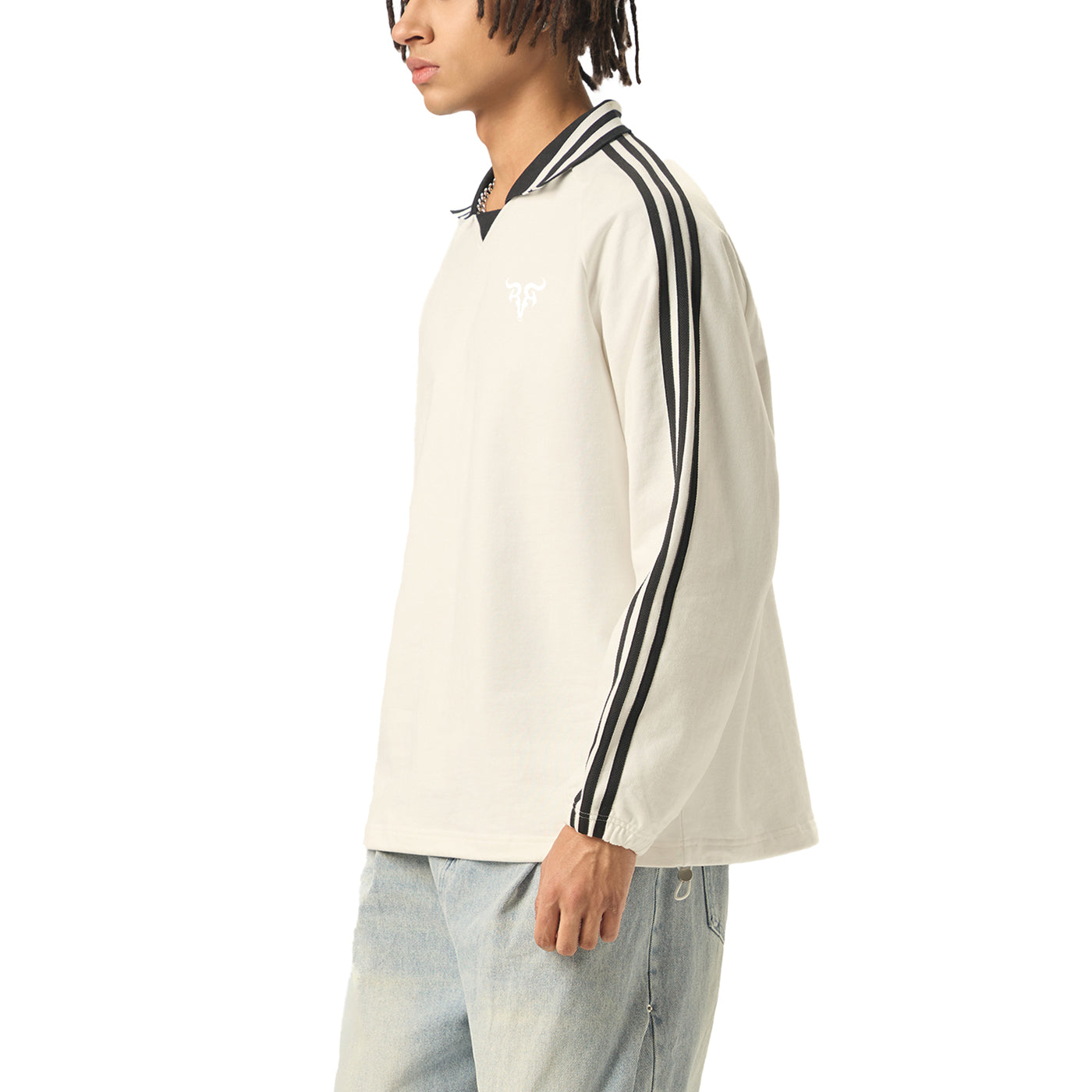Risen Retro Monogram Contrast Striped Lapel Collar Sweatshirt