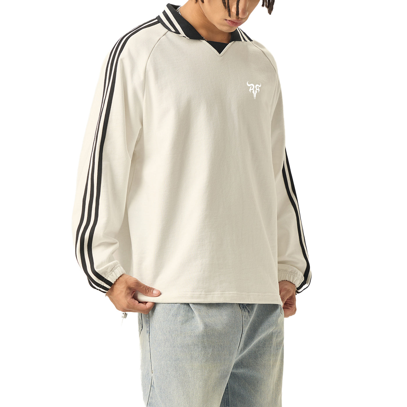 Risen Retro Monogram Contrast Striped Lapel Collar Sweatshirt