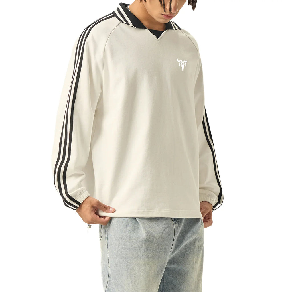 Risen Retro Monogram Contrast Striped Lapel Collar Sweatshirt