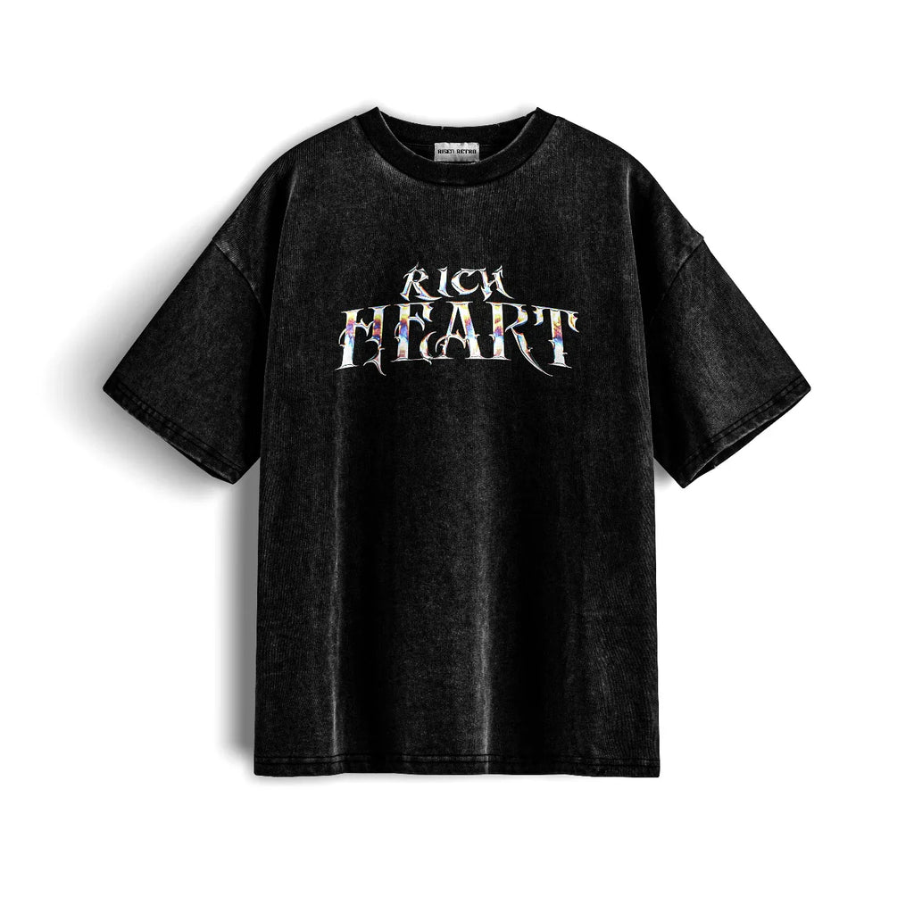 Black t-shirt with a graphic design and 'RichHeart' text on a white background
